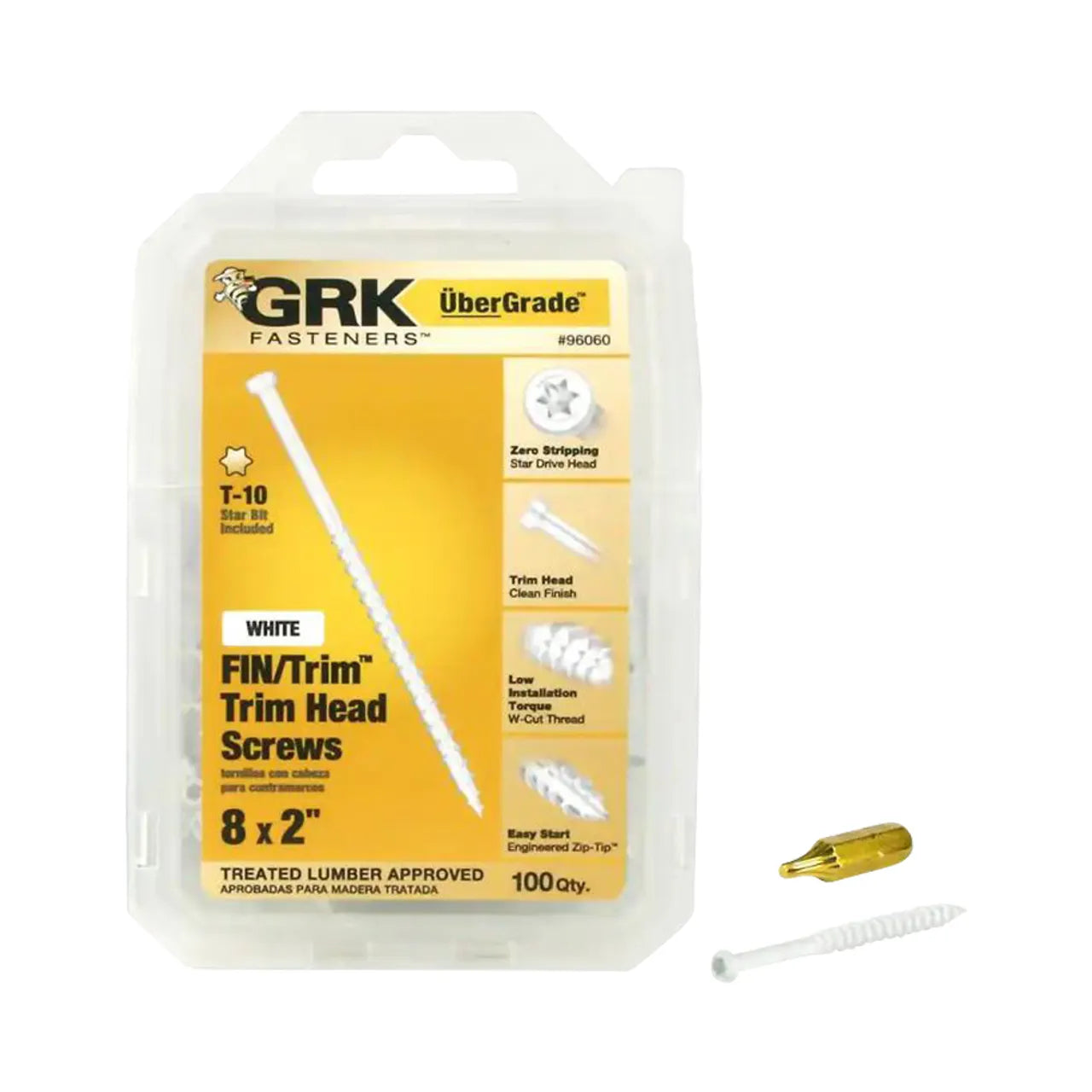 A package of Go Build #8 x 2 in. Star Drive Trim-Head White Trim Screws (100/Pack) is shown, featuring corrosion resistance and a T-10 star bit. A white trim screw and the included bit are displayed outside the box.